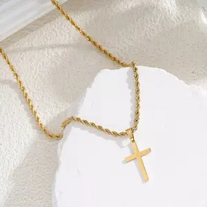 Simple Cross Necklace 14kt Gold Plated Stainless Steel with Elegant Rope Chain for Everyday Wear