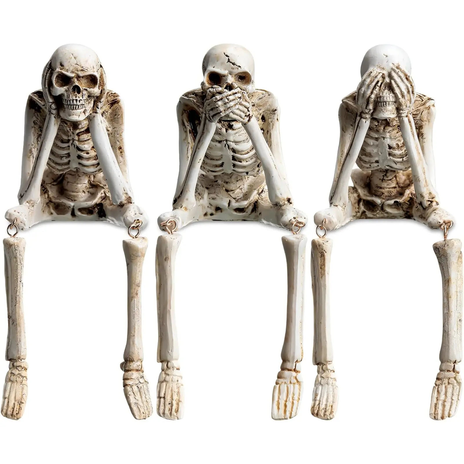 Set of 3 Halloween Statues See Speak Hear No Evil Skeleton Figurines Realistic Skull Decorations for Home Haunted House Halloween Party Favors Bone White Modern Style