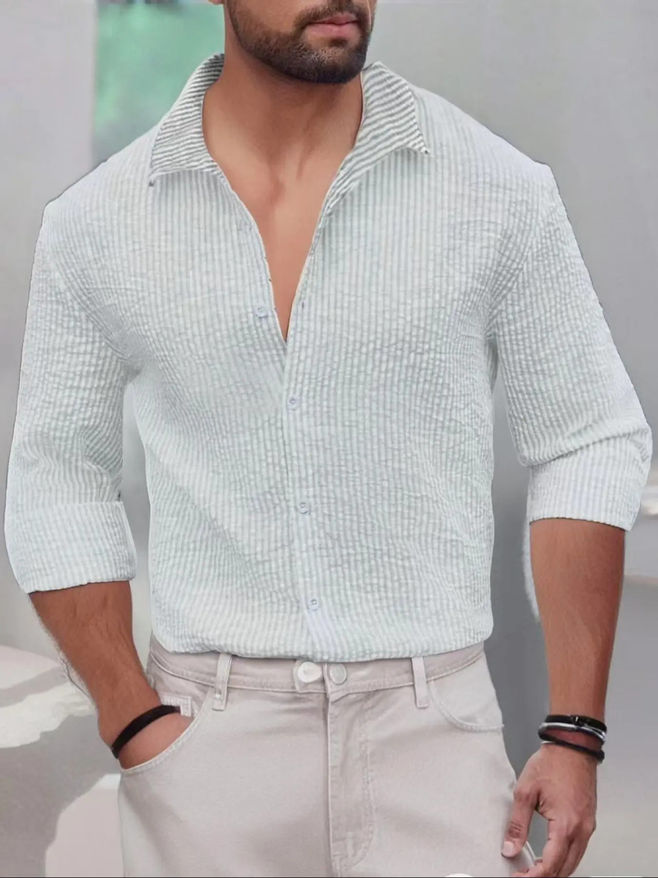 Men's knitted stripe button front placket collar shirt, classic leisure regular version long sleeve cardigan, back to school season clothing, men's shirt fashionable streetwear Casual men's summer daily clothing, men's shirt, Top.