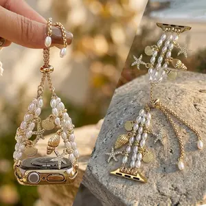 1 Pc Holiday Ocean Series Band For Apple Watch 38/40/41/42/44/45/46/49mm, Faux Pearl & Metal Starfish Shell Charm Triple Row Bracelet Strap, Adjustable Band for Apple Watch Ultra 3/2/1 SE 1-11 Series, Women's Watch Band, Watch Not Included