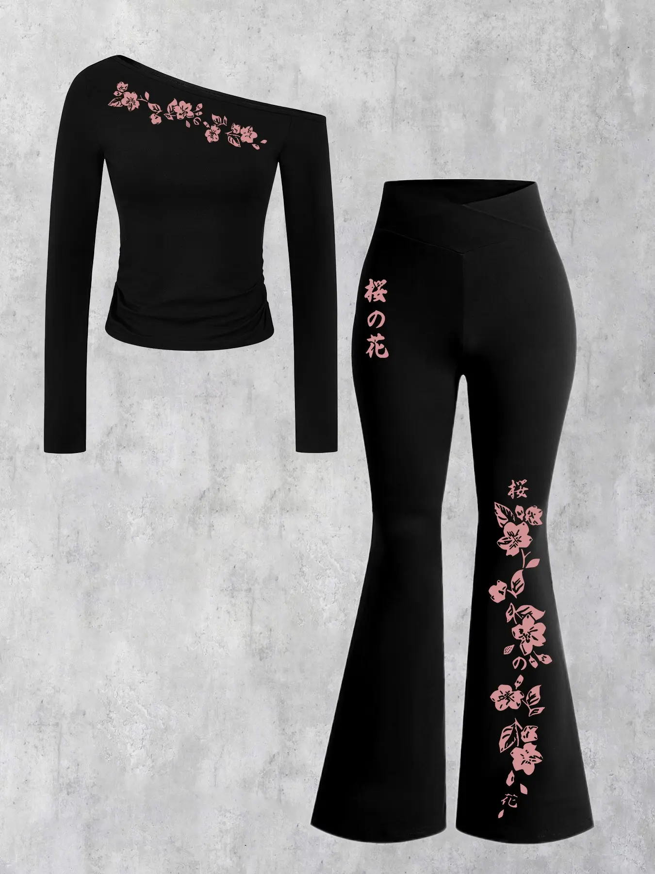 Women's Casual Two-Piece Set, Sakura Pattern Printed Off-Shoulder Top + High Waist Bell Pants, Comfortable Home & Outdoor Wear