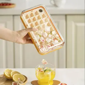 Press-Release Ice Maker by Bento Bliss, Hygienic Non-Touch Ice Cube Tray – Ideal for Meal Prep, Cocktails, Iced Coffee Cover Stackable Utensils Yellow Kitchenware Modern Ice Molds Ice Ball Trays