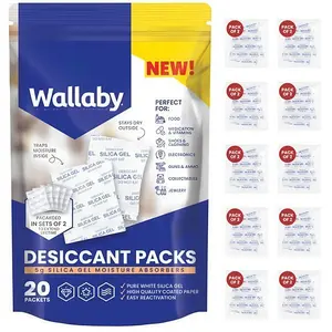 Wallaby 5 gram Silica Gel Desiccant Dehumidifier Packs (20 count) Food Safe Pure White - Rechargeable Moisture Absorbers