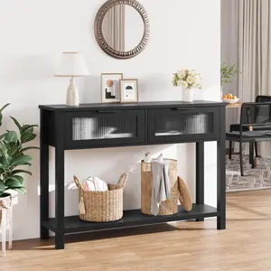 Garvee Entryway Table with Narrow Console Design Featuring Glass-Front Drawers and 2-Level Open Shelf, Rustic Modern Farmhouse Style, MDF Top, Solid Wood Legs, Black Sofa Table for Home Decor