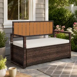 75 Gallon 2-Person Outdoor Storage Bench, PE Rattan Deck Box With Waterproof Cushion, Entryway Storage Bench For Shoe Storage, Living Room & Bedroom Organizer, Outdoor Storage Bench for Garden, Balcony, Porch, Pool, or Yard