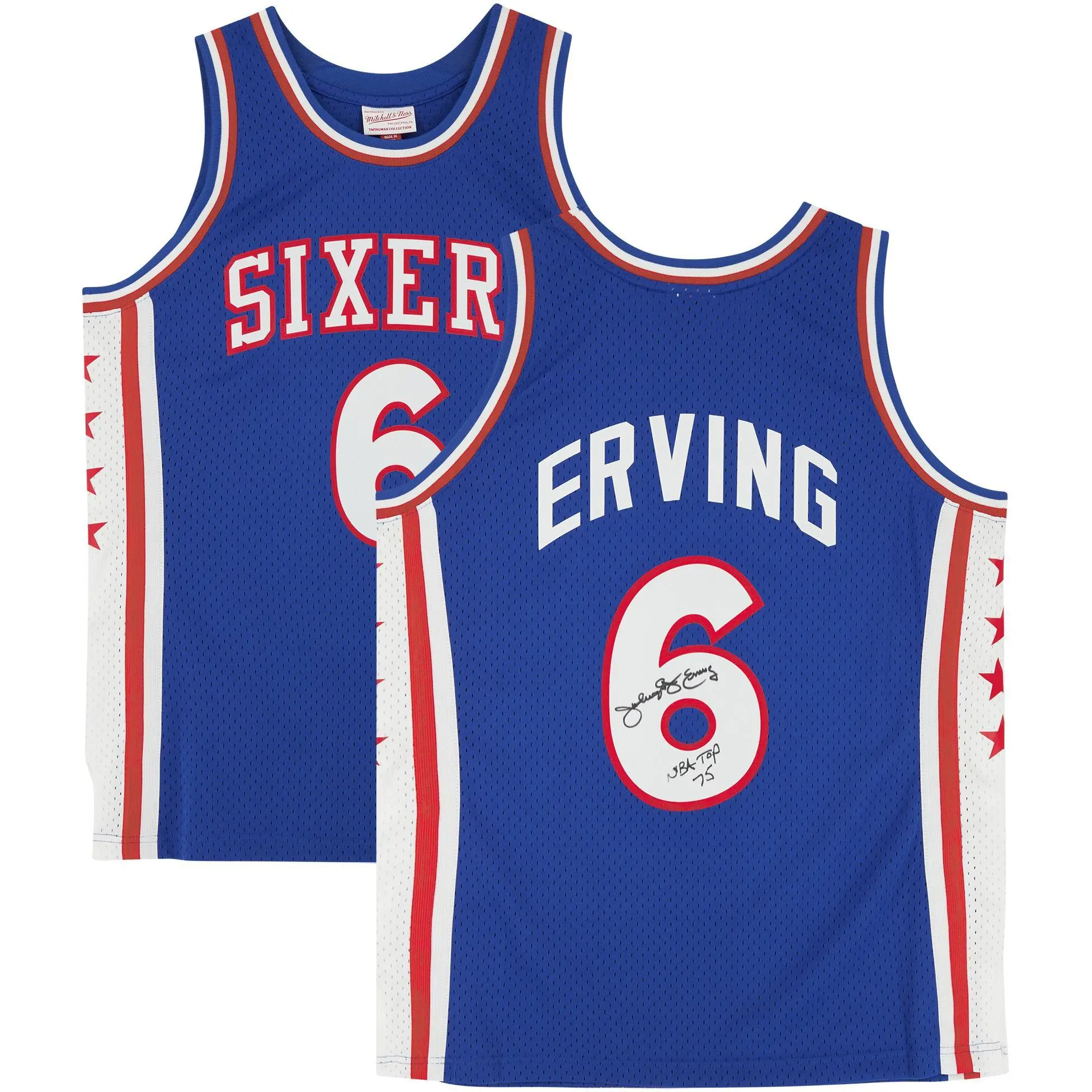 Julius Erving Philadelphia 76ers Autographed Royal Blue Mitchell & Ness 1976-1977 Swingman Jersey with "NBA Top 75" Inscription - Fanatics Authentic Certified - NBA Memorabilia