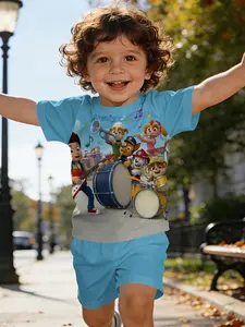 Vibrant Music Party Paw Patrol Printed T-shirt Digital Printing Infant & Toddler Short-sleeve Set, Baby Casual Kids' Clothing, T-shirt Suitable for Daily and Outdoor Sports. 100% Polyester, Perfect Gift for Infants and Toddlers!