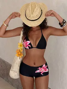 Chic Floral Swimwear: Halter Triangle Top + High-Waisted Shorts in Black with Vibrant Lily Pattern – Stylish & Comfortable Swim Set for Summer Vacations, Beach Days & Resort Wear