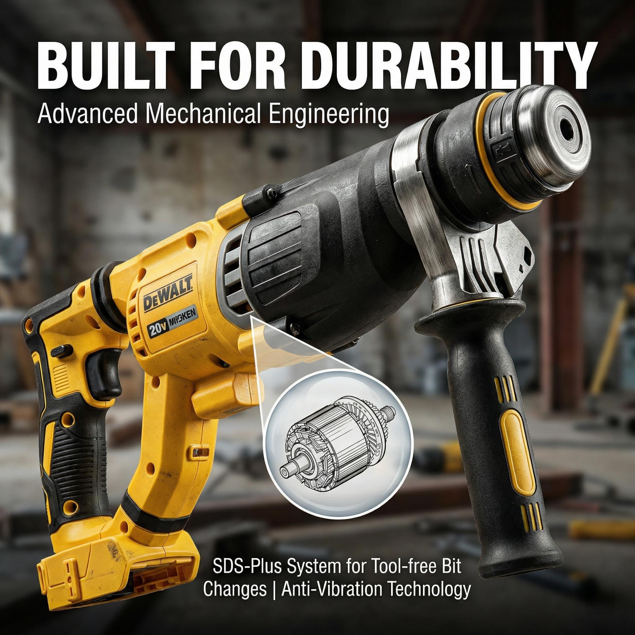 DeWalt DCH263 20V Brushless Rotary Hammer Drill for Concrete and Masonry with 3.0J Impact Power Household Cordless Tool Set Pack Battery Replacement Lithium M18 Wrench High