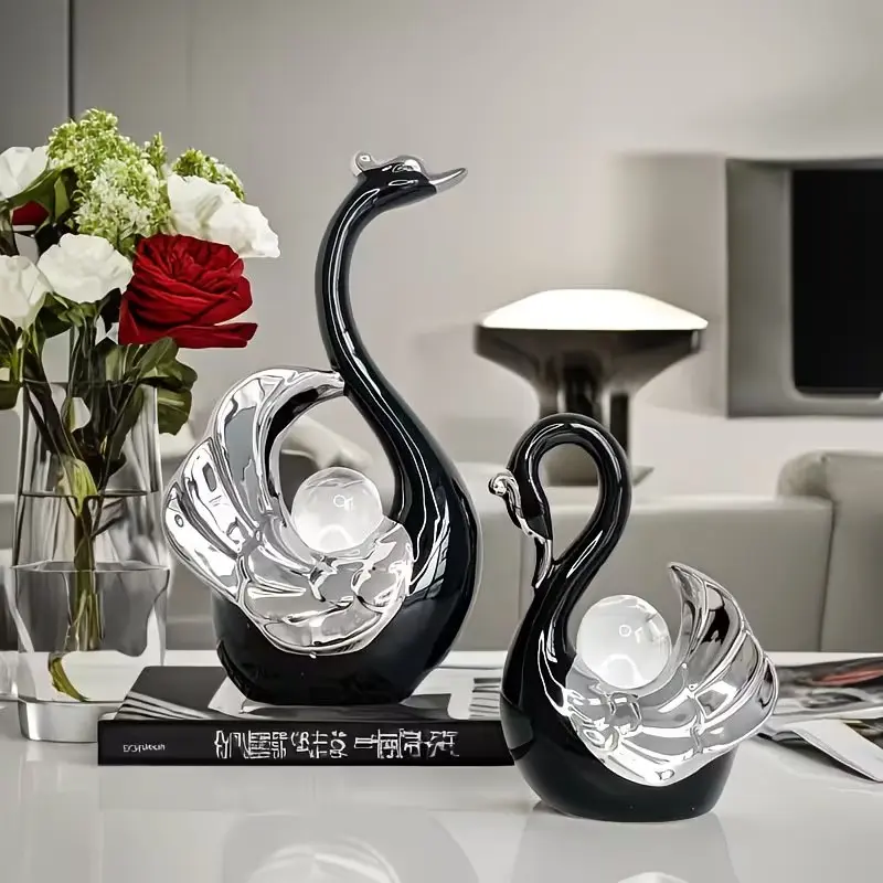 Luxury Crystal Ball Swan Ceramic Ornament, Creative Home Decor for Living Room Accessories, Entryway, TV Cabinet, Elegant and Stylish Decoration, Ceramic Decorative Sculptures, Statue Figurines, Decorative Piece