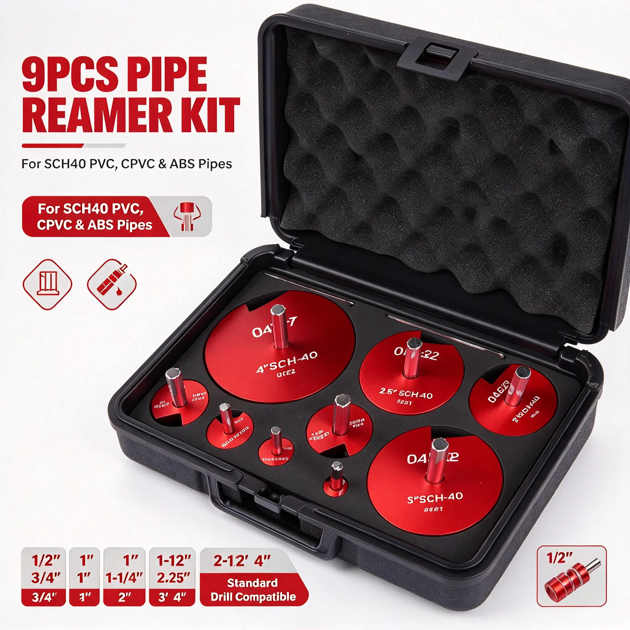 Pipe Reamer Tool Kit PVC Fitting Saver, Pipe Reamer, Standard Professional High Efficiency Pipe Fitting Reamer Kit Flexible for Drain Lines for PVC Pipe (8pcs)