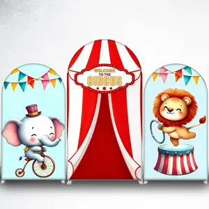 Cartoon Circus Elephant on Bike Arch Backdrop Cover for Toddler Birthday Party