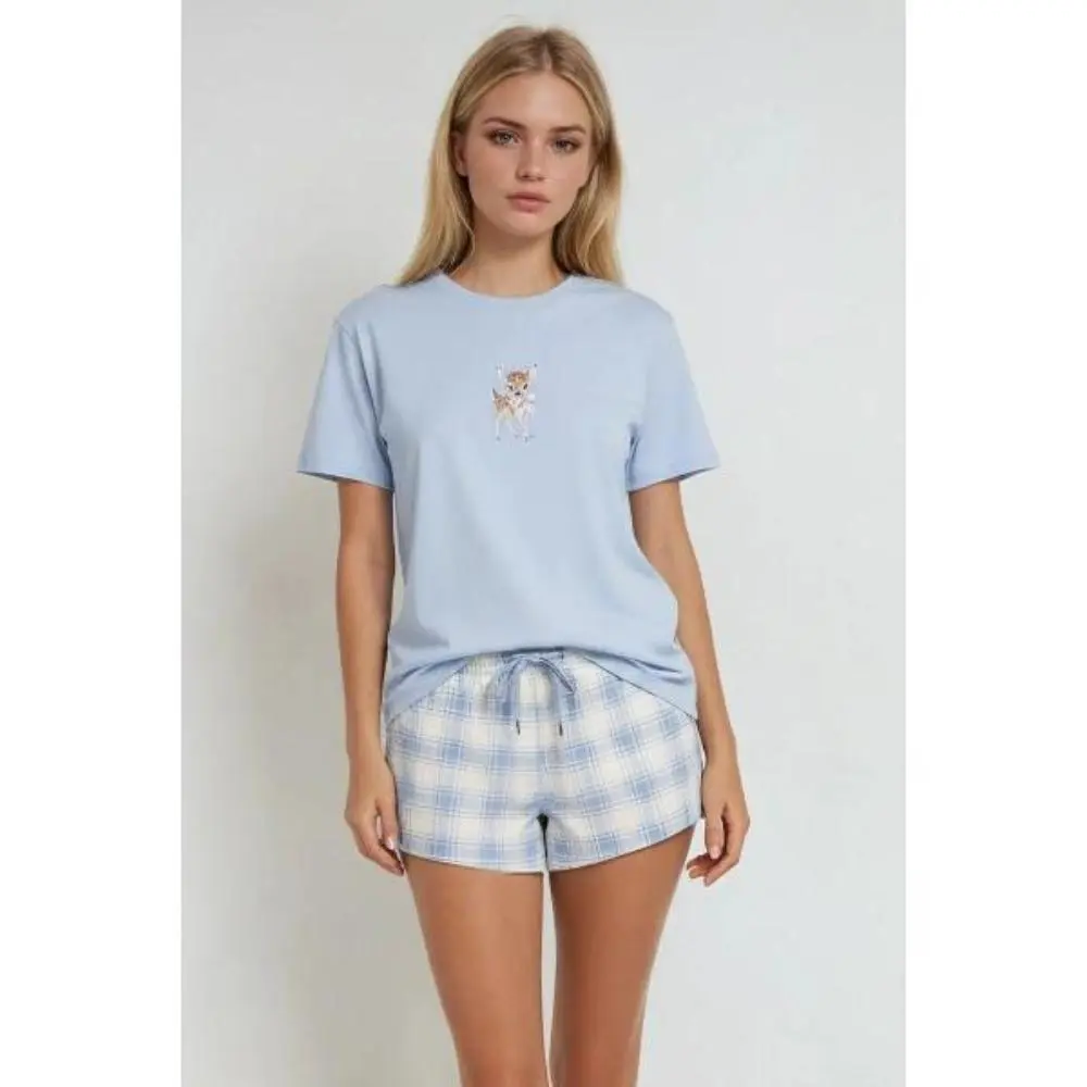 Forever 21 Women's 2-Piece Deer Graphic Tee & Plaid Shorts Loungewear Nightwear Set