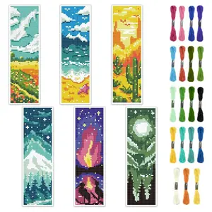 Natural Scenery Pattern DIY Cross Stitch Kit, 6 Counts/set DIY Cross Stitch Bookmark Set, DIY Cross Stitch Kit with Instructions for Beginners