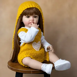Unisex 55cm (22in) Non-Toxic Full Body Soft Vinyl Realistic Baby Doll, Cute Clothes Doll with Yellow Lace Heart Knit Costume, Poseable Limbs Collectible Bebe Toy for 3+ Birthday Christmas Gift