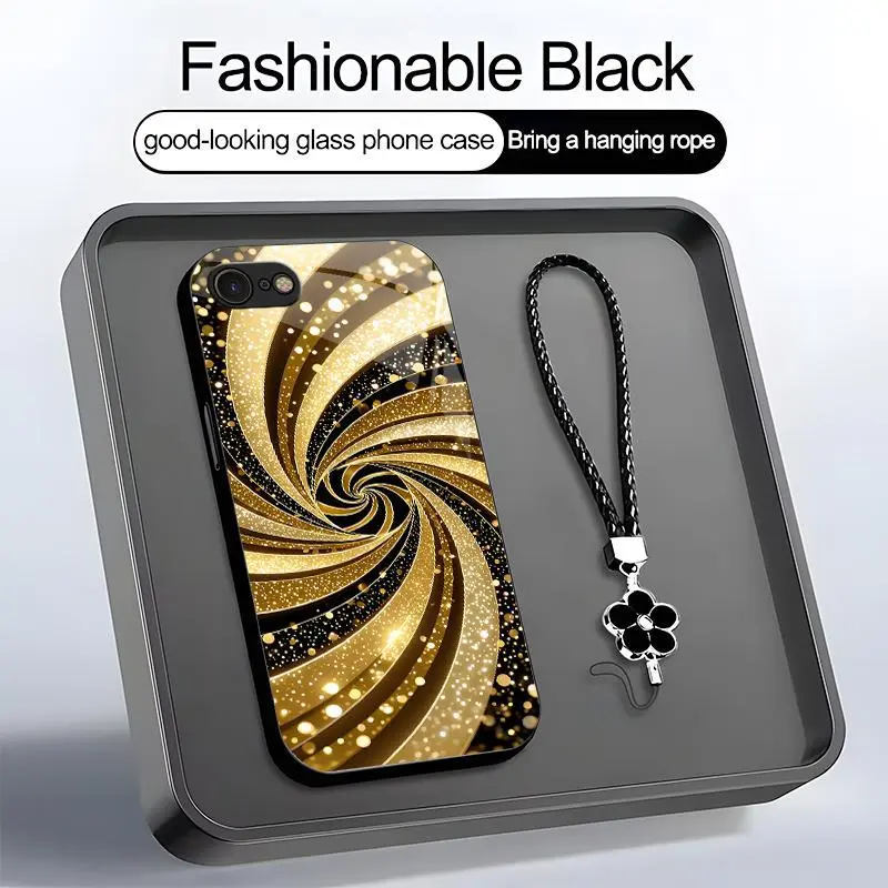 Luxury Liquid Gold Swirl Glitter Fluid Art Aesthetic Smartphone Case with Lanyard, Mobile Cellphone Accessories for iPhone 7-975