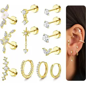 Perforation Jewelry Surgical Steel Tragus Earrings Flat-back Flower Tassel Cartilage Earrings Silver Gold