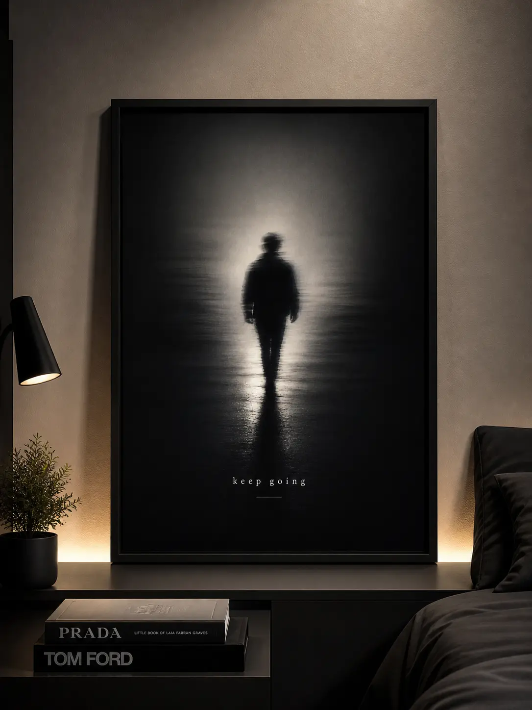 9in x 11in Vertical Minimalist "Keep Going" Inspirational Paper Wall Art Print - Artistic Photo with Cinematic Blurred Figure, Shadow & Light, Modern Aesthetic Home Decor for Quiet Resilience & Study Spaces