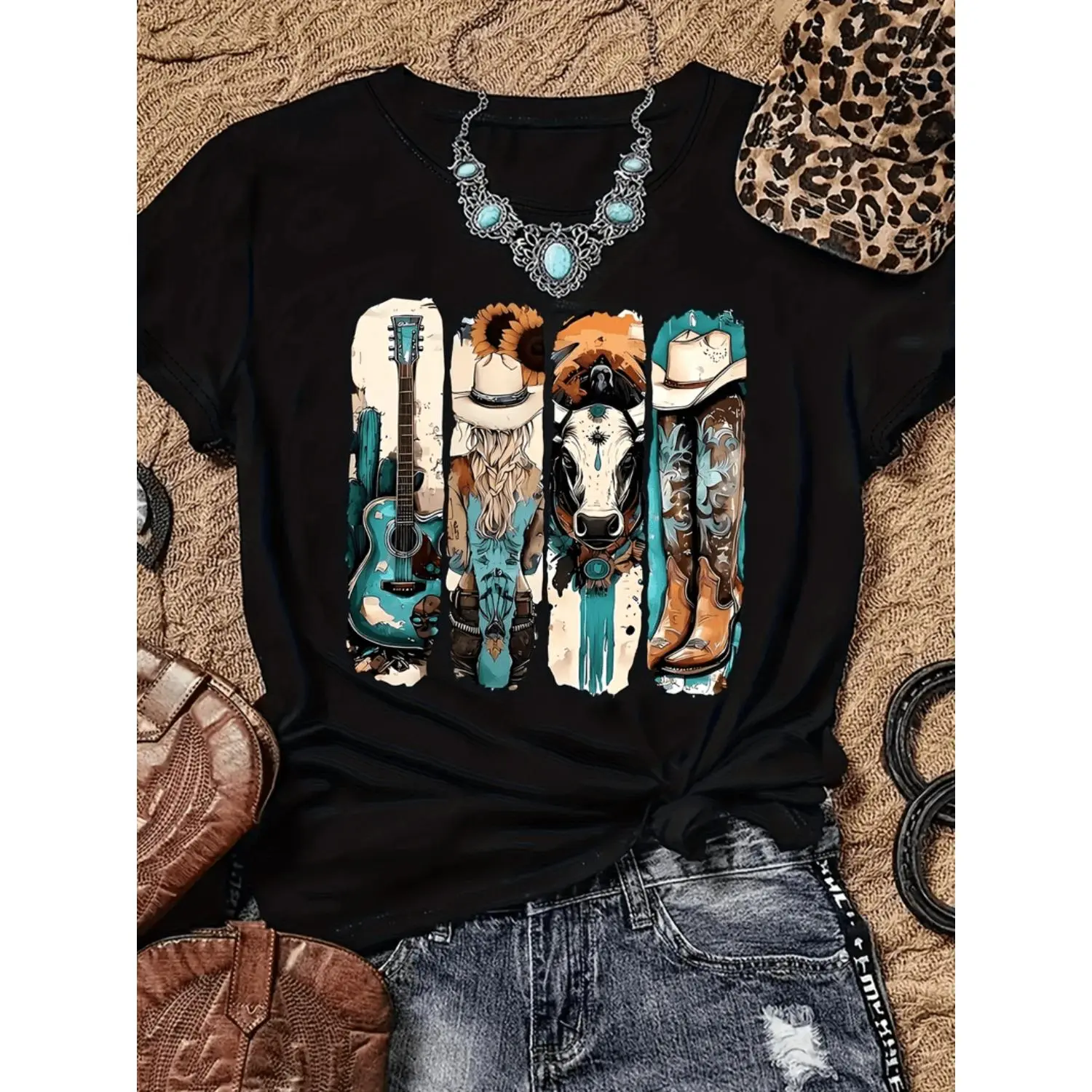Vintage Western Cowboy Graphic T-Shirt For Women Featuring Boots Hats And Guitar Design In Soft Breathable Fabric Perfect For Casual Summer Wear