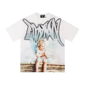 MIXED EMOTION Angel Rock Full-Print Rhinestone Tee, White Ink Direct Print Vintage Graphic, Unisex Moisture-Wicking Short-Sleeve Sports T-Shirt for Summer Festival, Men's Slim Streetwear