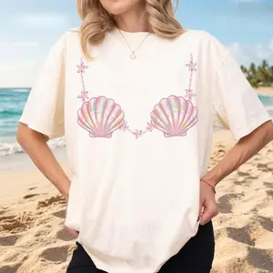 Women's Mermaid Bachelorette Graphic Cotton T-Shirt, Seashells Bikini Print, Breathable Casual Fabric, Vintage Streetwear Style, Ideal for Summer Vacation and Party Daily Outfits