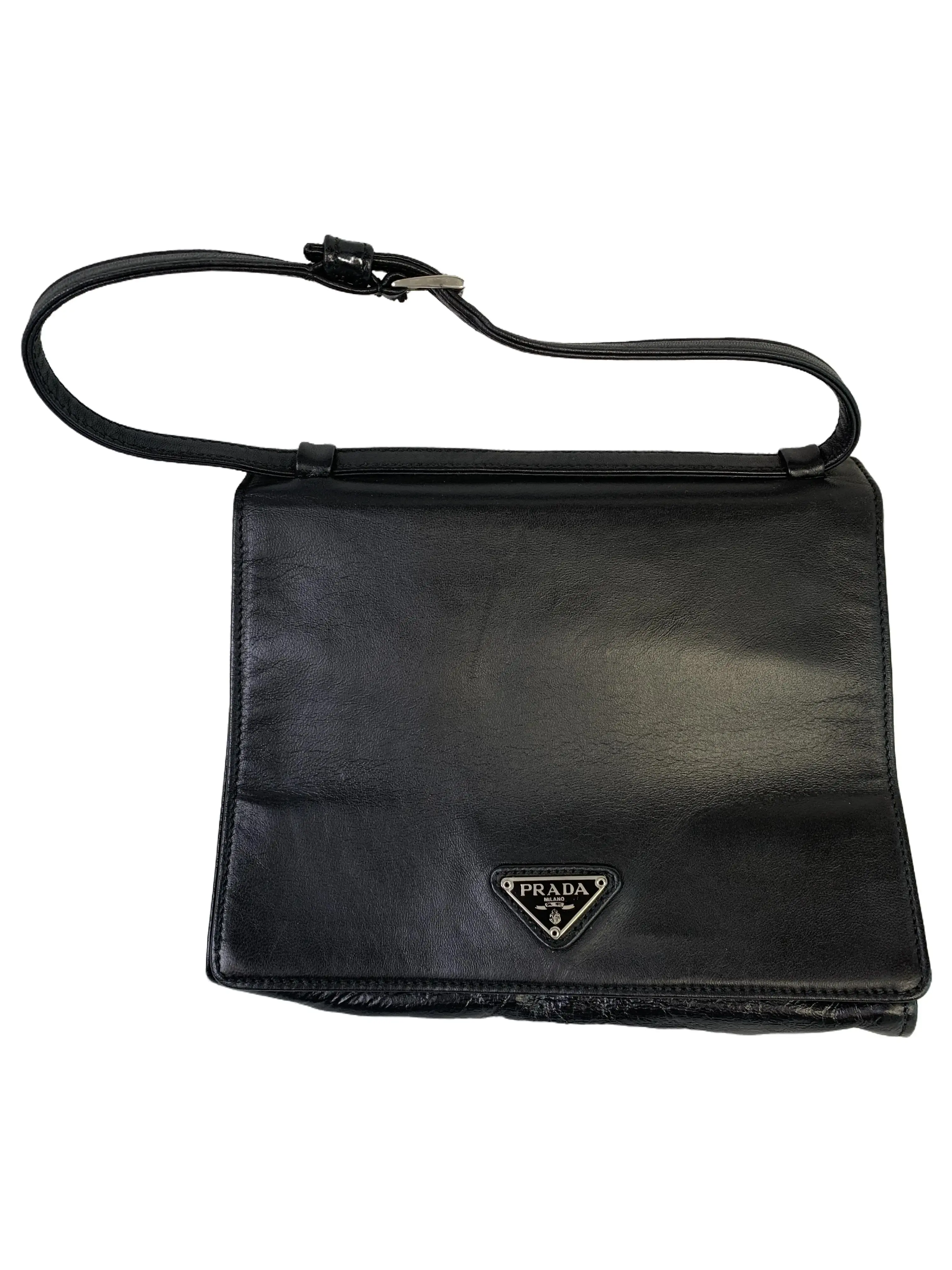 Pre-owned PRADA Black Leather Triangle Logo Shoulder Bag/WJ06130501/0501