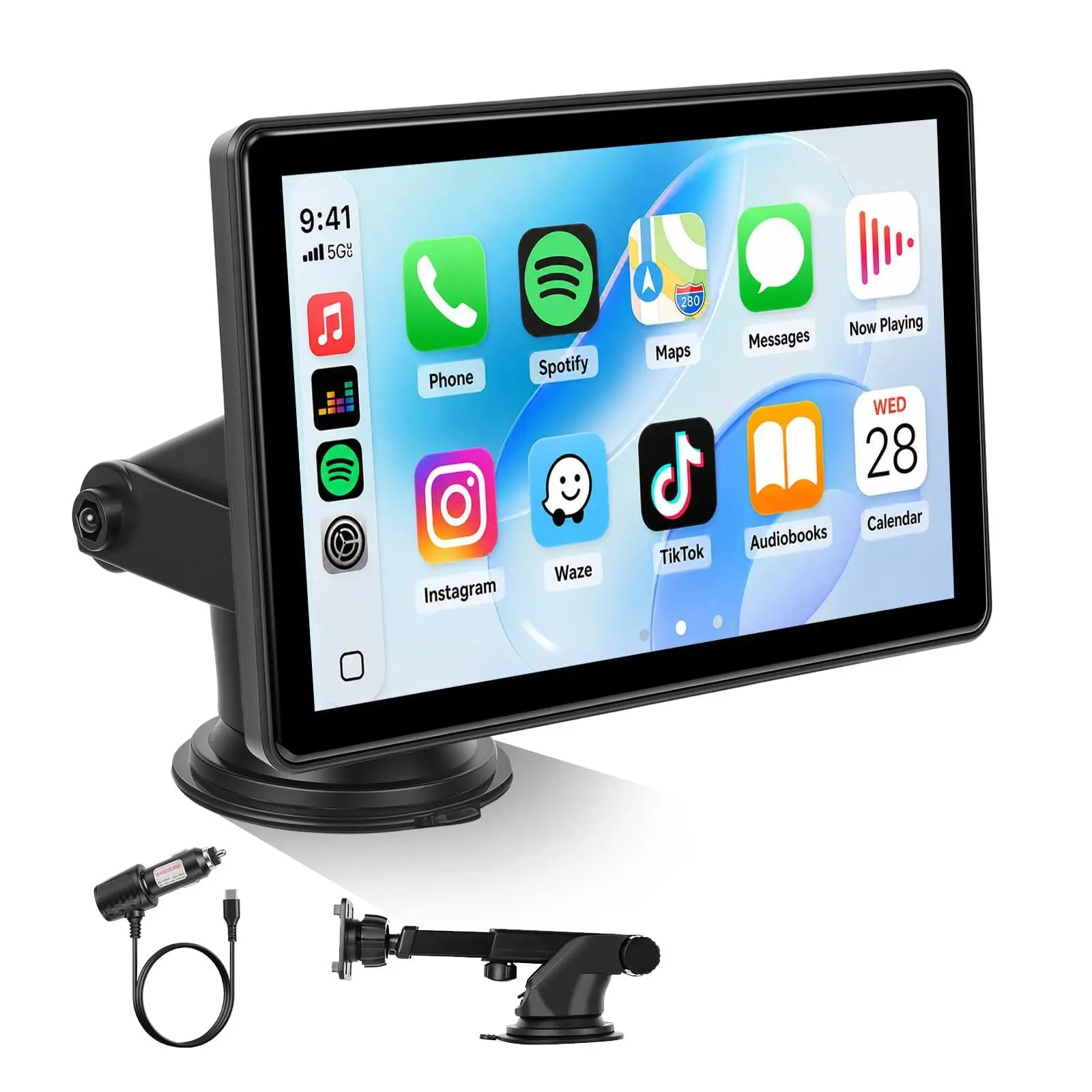 Podofo Wireless Car Video Player Car Accessory, 7'' HD 1280*720 Display Portable Touchscreen Stereo with CarPlay, Android Auto, Mirror Link, Bluetooth, TPMS, FM Transmitter for All Vehicles, Car Accessories