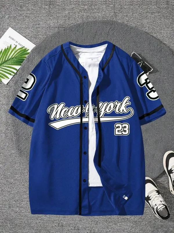 Men's Letter Print Short Sleeve Baseball Jersey, Regular Fit Casual Street Open Front Outerwear for Summer, Men's Clothes for Daily Wear, Jersey Tops