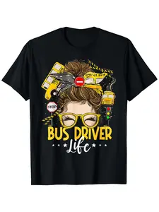 T-Shirt for Bus Drivers Featuring a Messy Bun Design, Made of %. Available in Black, Sizes S-XXXL, Weighing G, with a Round Neck. This Comfortable Tee Is Perfect for Sports Enthusiasts And Casual Outings, Ideal for Labour Day