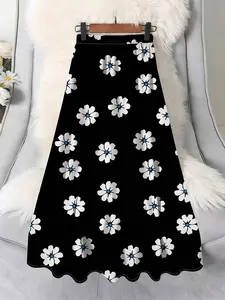 Women's Plus Size Floral Print Aesthetic Skirt, Loose Fit High Waist Casual Commuter Midi Dress, All over Print Spring & Fall Fashion Bottoms, Womenswear