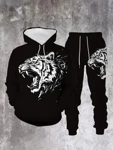 Men's Casual 3D Tiger Print Hoodie Set, Comfortable Polyester Fabric, Sporty Long Sleeve, Fall & Winter Fashion, Two-Piece