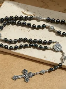 Vintage Silver Color Alloy Portrait Cross Pendant Necklace, Long Sweater Chain with Natural Stone Beads, Unisex Daily Wear Jewelry