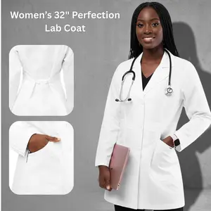 HeedFit Women’s 32” White Lab Coat - Modern Fit Soft Poly-Cotton Formal Feminine Medical Uniforms with Aesthetic Long Sleeves, Buttons, Slit, Adjustable Multi-Pockets, Professional Lady Doctor Workwear for Clinic Use