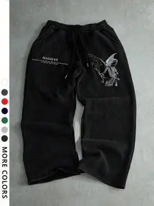 Men's Casual Sporty Letter Patched Sweatpants, Angel Pattern Print, Drawstring Wide Leg, Loose-Fitting, All Seasons, Men's Fashion Clothing
