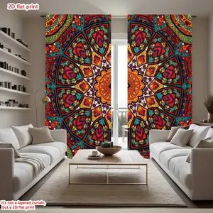 2D Flat 2Pcs Bohemian Mandala Curtains, Vibrant Ethnic Pattern Window Drapes for Living Room Bedroom, Semi Blackout Panels with Rod Pocket, Home Decor Treatments