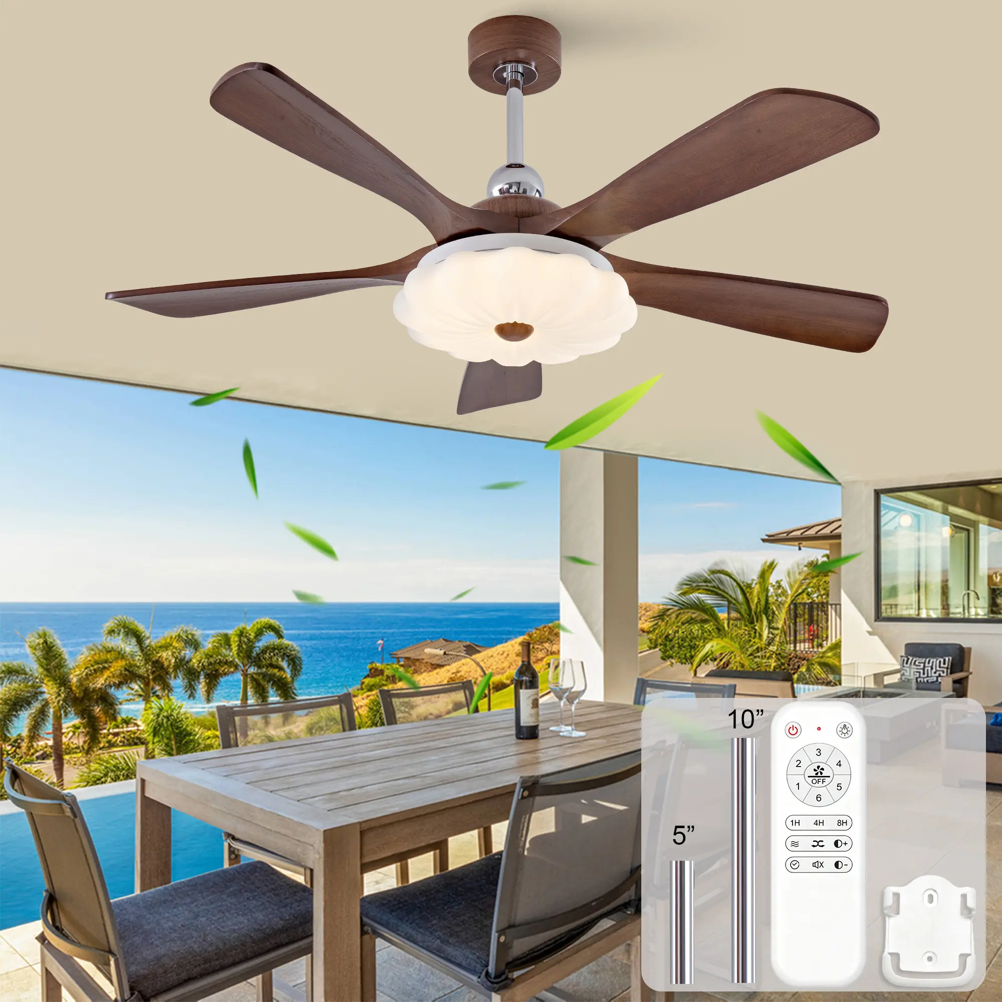Wooden Ceiling Fan, 52-Inch Span with 5 Blades, Adjustable 3CCT Light, 6 Speeds, Reversible Motor, Power-Off Memory, Remote Control, for Living Room, Bedroom, Home Office, Farmhouse
