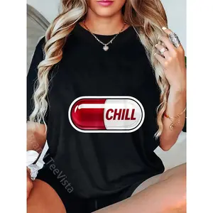 100% Cotton Stylized Red and White Pill Capsule with 'CHILL' Text T-Shirt