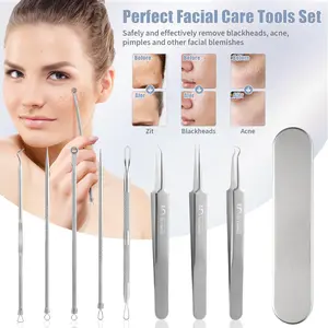 Blackhead Remover Comedone Extractor Tool, Face Black Head Needle & Curved Tip Acne Tweezers Kit with Metal Box, Facial Stainless Pimple Removal Tools Kit for Nose, Silver 8Pcs