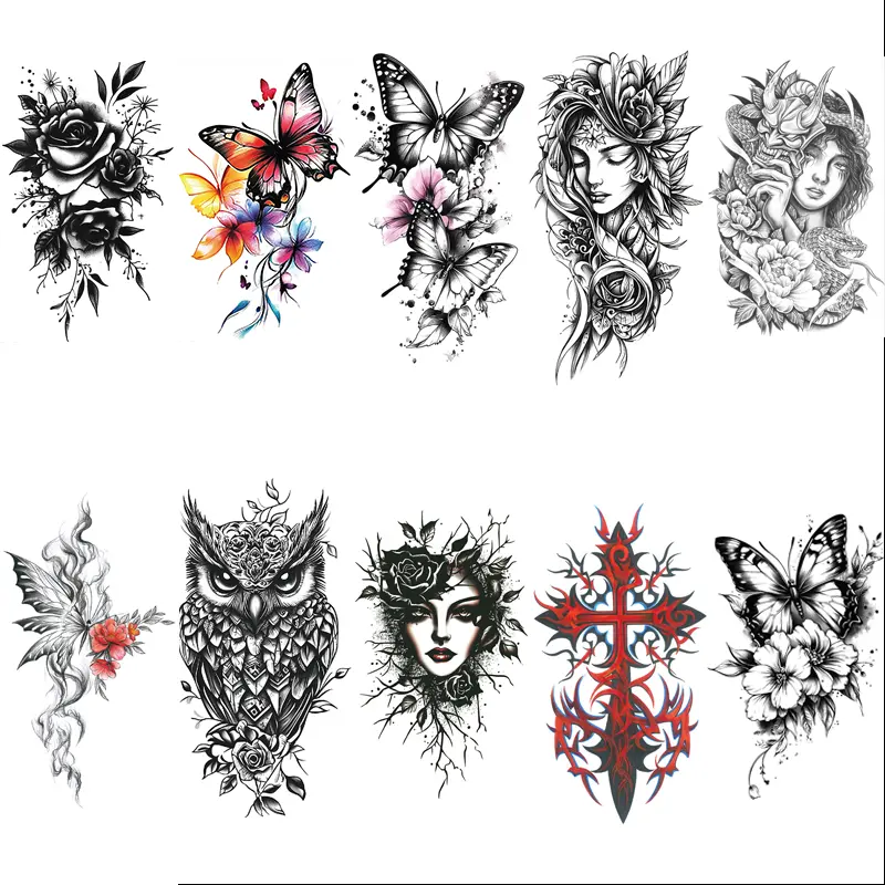 Sensitive-Skin Removable Temporary Tattoo Sheets Accessories, 12 Sheets 12cm×19cm Half Sleeve Waterproof Gothic Blackwork Fake Tattoos for Women, Rose Butterfly Owl Inked Aesthetic Art for Festival Rave, Tattoo Art