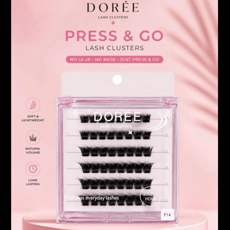 F14 Mixed Thick & Full Dorée Wispy Press & Go Lash Clusters (9-16mm, Includes 10mm Lashes) - Pre-Glued DIY Eyelashes Extensions, No Glue Needed, Waterproof Makeup Eyelashes Extension Beauty Products