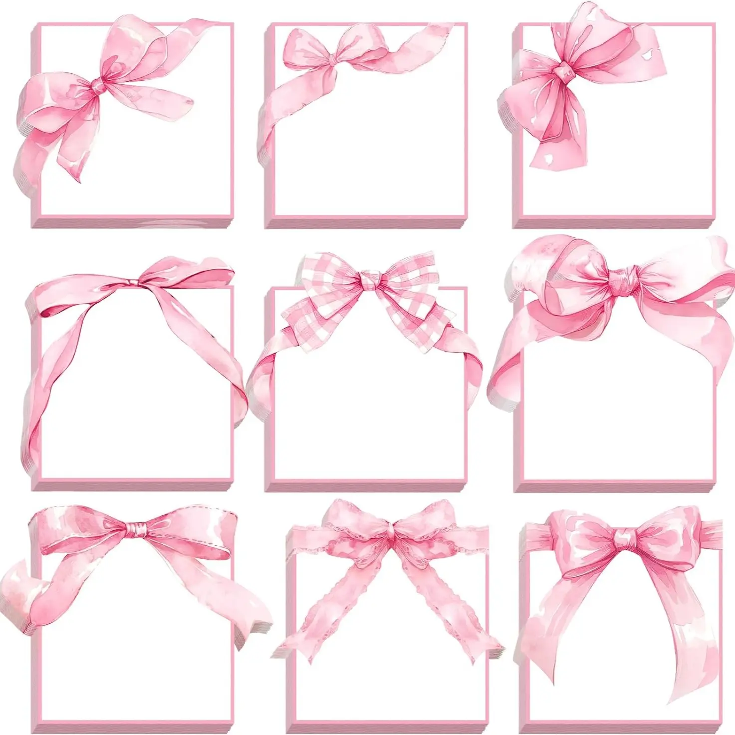 9pcs Bow Sticky Notes for Party Gifts, Watercolor Cute Self-Adhesive Notes, Ribbon Themed Notebook for Home Offices, Sticker Pack, Sticky Notes Set