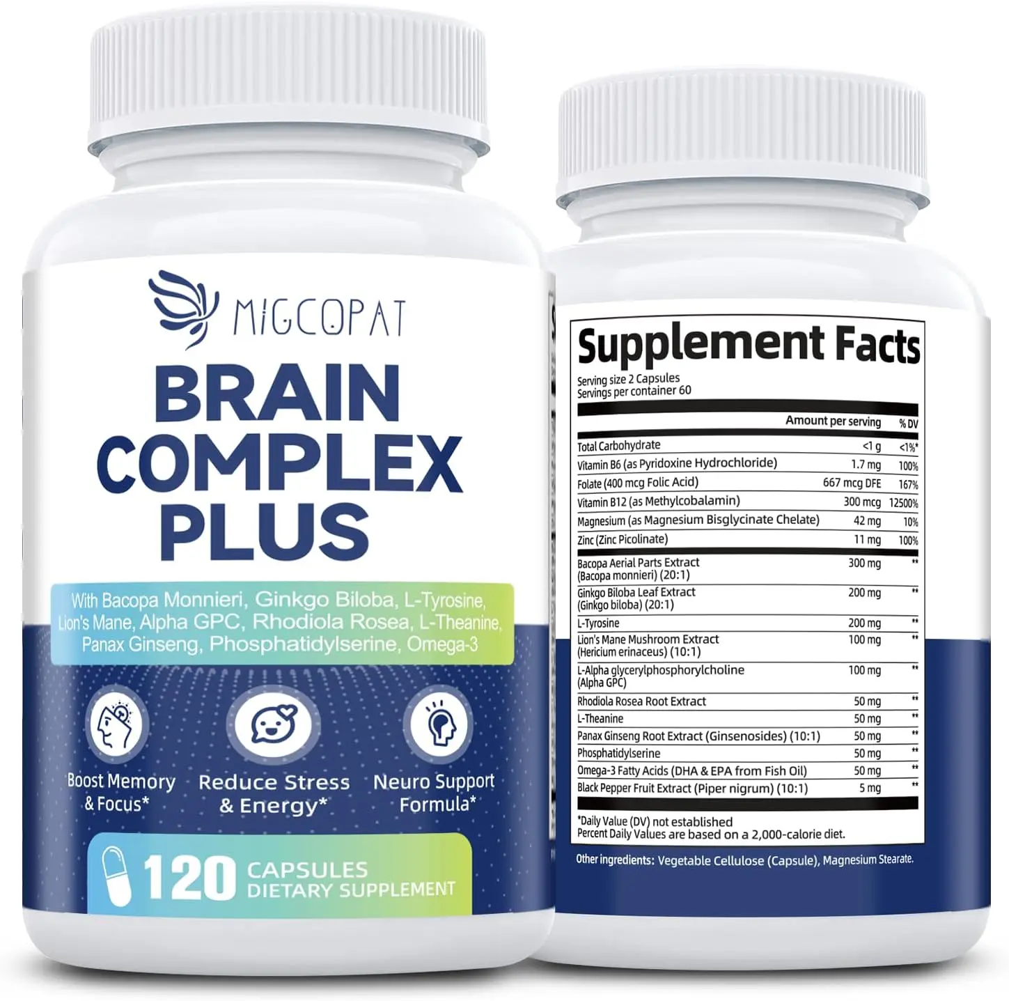 Brain Supplements for Memory Focus Nootropic Capsules with Bacopa Monnieri Lions Mane Alpha GPC Ginkgo Biloba Vitamin B6 B12 Mental Clarity Cognitive Support Neuro Health Energy Daily Vitamins Non-GMO 120 Capsules