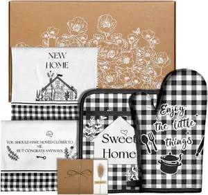 Coralogo House Warming Gifts New Home - Cotton Kitchen Essentials for New Home with Kitchen Towels, Oven Mitt and Pot Holders Set, Greeting Card, Housewarming Gifts, Set of 5
