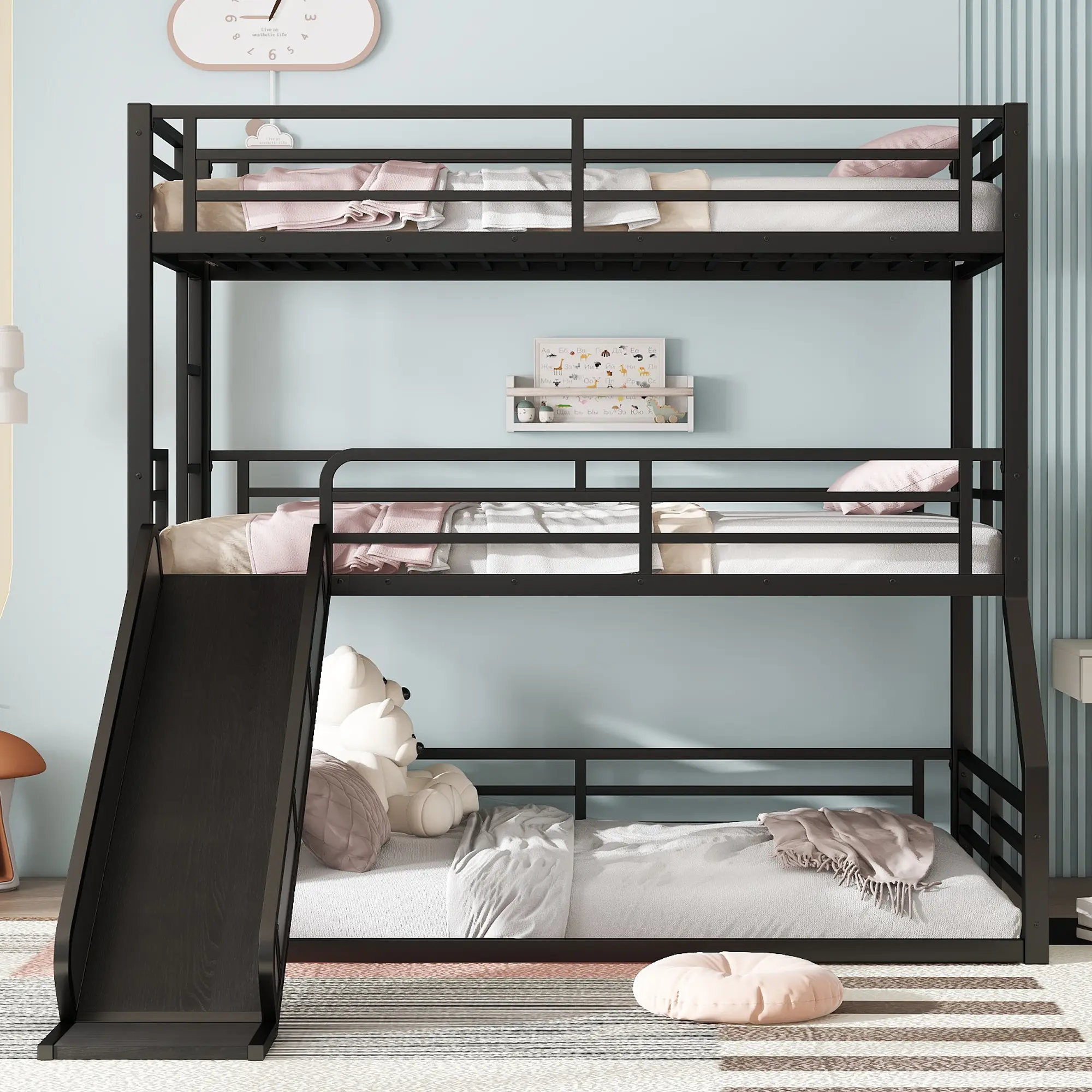 Twin over Twin over Full Triple Bunk Bed with Slide, Heavy-Duty Metal Frame, Safety Guardrails, Noise-Reduced Design, Black Finish, Space-Saving Kids Bedroom Furniture, Multiple Size Options, Bedroom Furniture for Bedroom, Guest Room