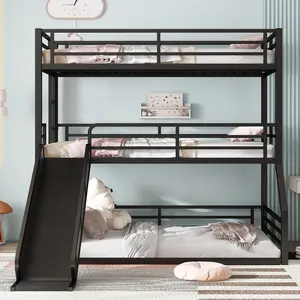 Twin over Twin over Full Triple Bunk Bed with Slide, Heavy-Duty Metal Frame, Safety Guardrails, Noise-Reduced Design, Black Finish, Space-Saving Kids Bedroom Furniture, Multiple Size Options, Bedroom Furniture for Bedroom, Guest Room