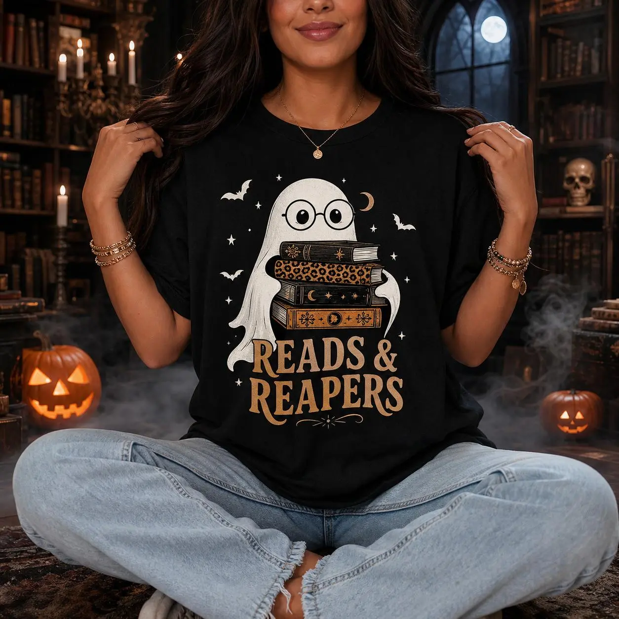Reads and Reapers Book Lover Shirt Nerdy Ghost Halloween Graphic Tee for Women