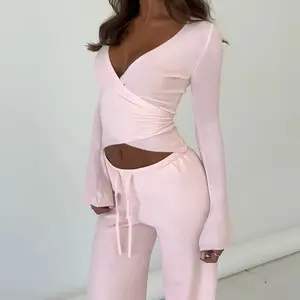 Willow Wrap and Flow Pants Set in Pink - Breathable Fabric, Casual Style, Adjustable Fit, Versatile Design for Women Womenswear Clothes