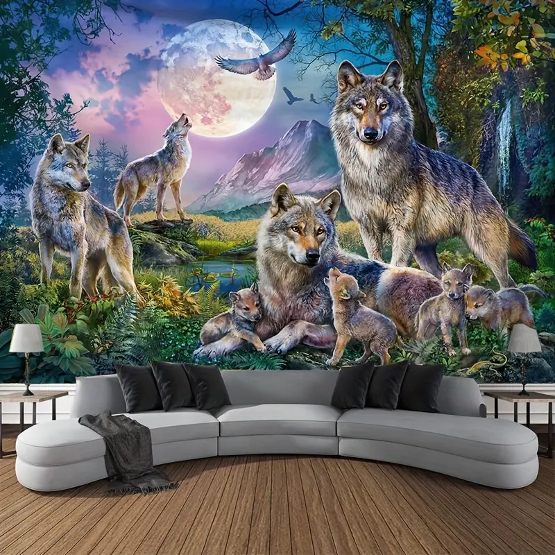 Wolf Family Tapestry Wall Hanging - Vintage Durable Hangable Animals Decor, Vibrant Printed Moonlit Mountain Wolves & Autumn Foliage, Lightweight Peach-Light Beige Fabric, Space-Saving Horizontal Indoor Home Supplies for Living Room, Bedroom