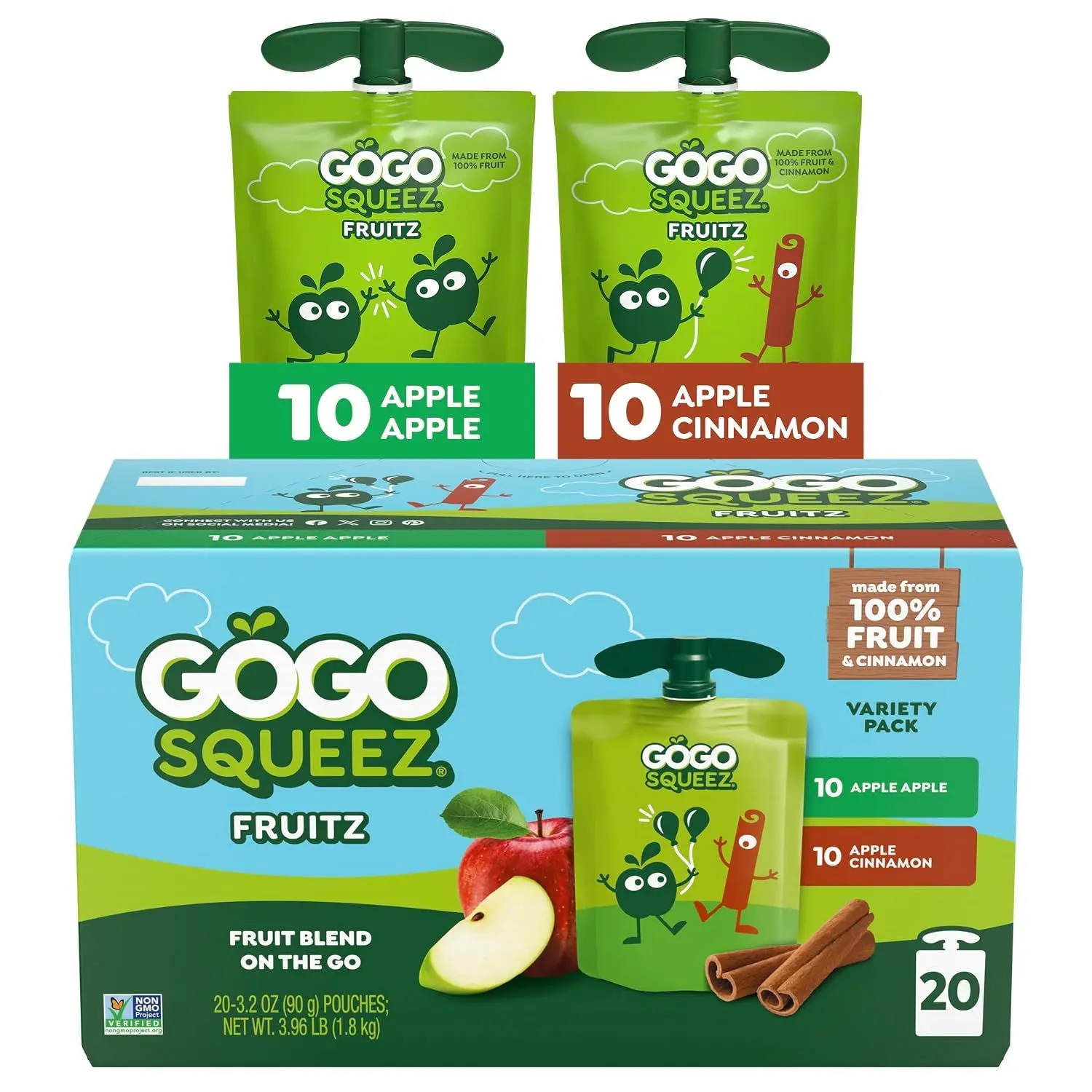 GoGo squeeZ No Sugar Added Applesauce and Fruit Puree, Apple, 3.2 oz Pouches (Pack of 20), Fruit Snacks for Kids, Gluten Free, Nut Free, Recloseable Cap, BPA Free | Kids On The Go Fruit Snack Made with Applesauce & Fruit Puree; 3.2 Oz Pouches, Gluten and