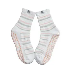 Studio Stripe Pilates Grip Socks - Soft Neutral Pink & Gray Striped, Breathable Cotton Blend, Non-Slip Grips for Performance